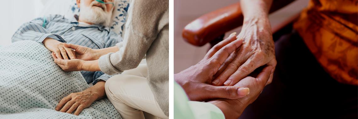 a person being cared for in a bed and a pair of hands holding in a caring gesture.